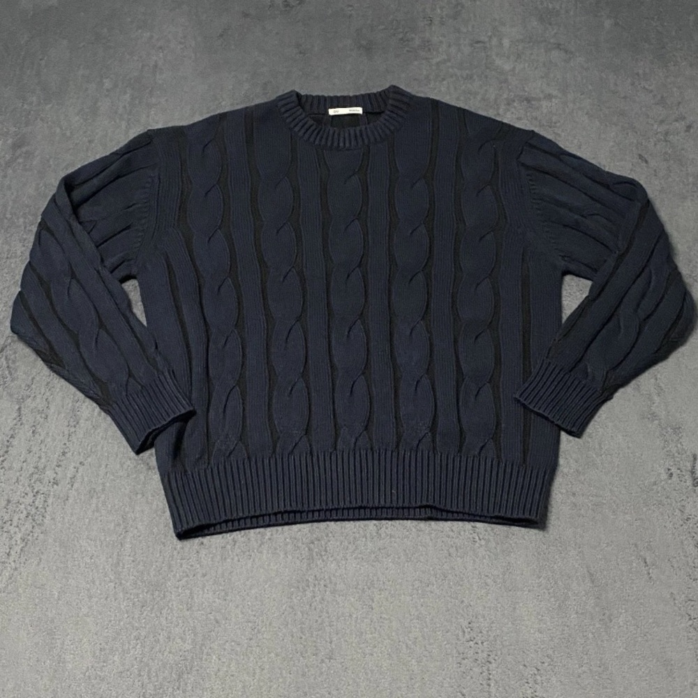 GU Grandpa Sweater Mens M Blue Cable Knit Crew Neck Pullover Preppy Japan Grunge